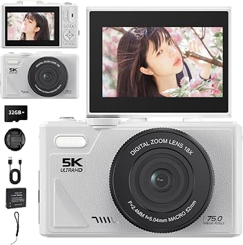 18x Zoom, 75 Million Pixels, 5K Video Recording, Digital Camera, Wi-Fi Compatible, Selfie AF Function, Image Stabilization, Vlog Camera, School Travel, Students, Beginners White