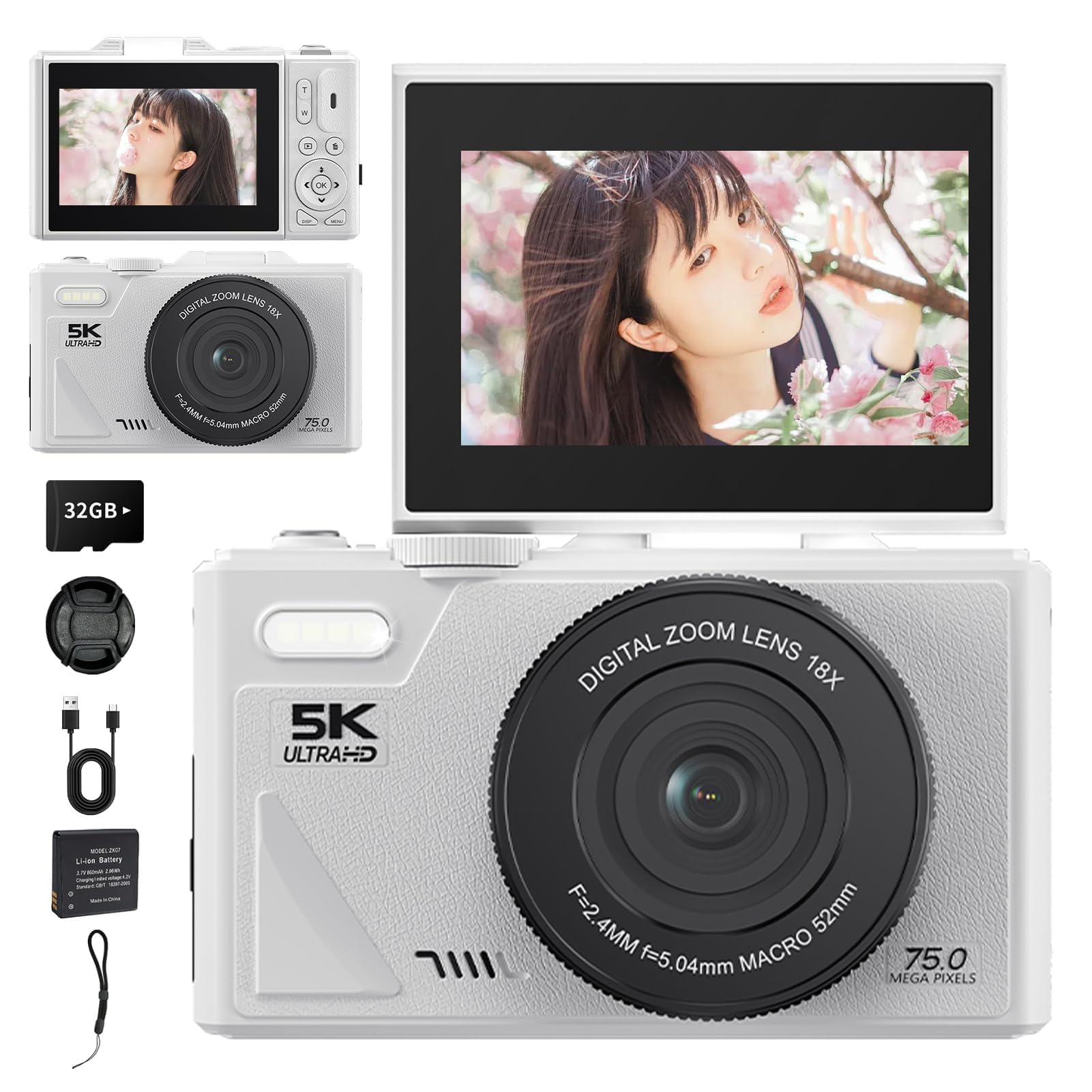 18x Zoom, 75 Million Pixels, 5K Video Recording, Digital Camera, Wi-Fi Compatible, Selfie AF Function, Image Stabilization, Vlog Camera, School Travel, Students, Beginners (White)