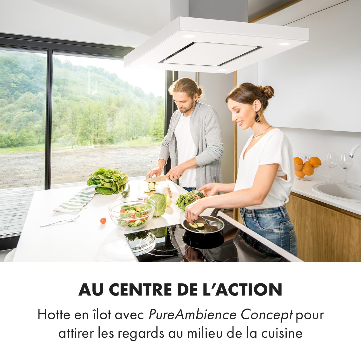 Klarstein Valeria Hotte Îlot - 230W, débit max. 642 m³/h, 3 niveaux de puissance, éclairage LED, panneau tactile, verre, inox, éco-énergétique, PureAmbience Concept, blanc