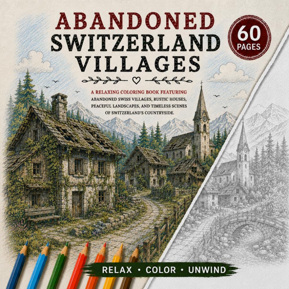 Abandoned Switzerland Villages Coloring Book: Peaceful Forgotten Alpine Scenes, Swiss Chalets, Mountain Villages and Quiet Countryside for Relaxing Coloring (Abandoned Villages Series)