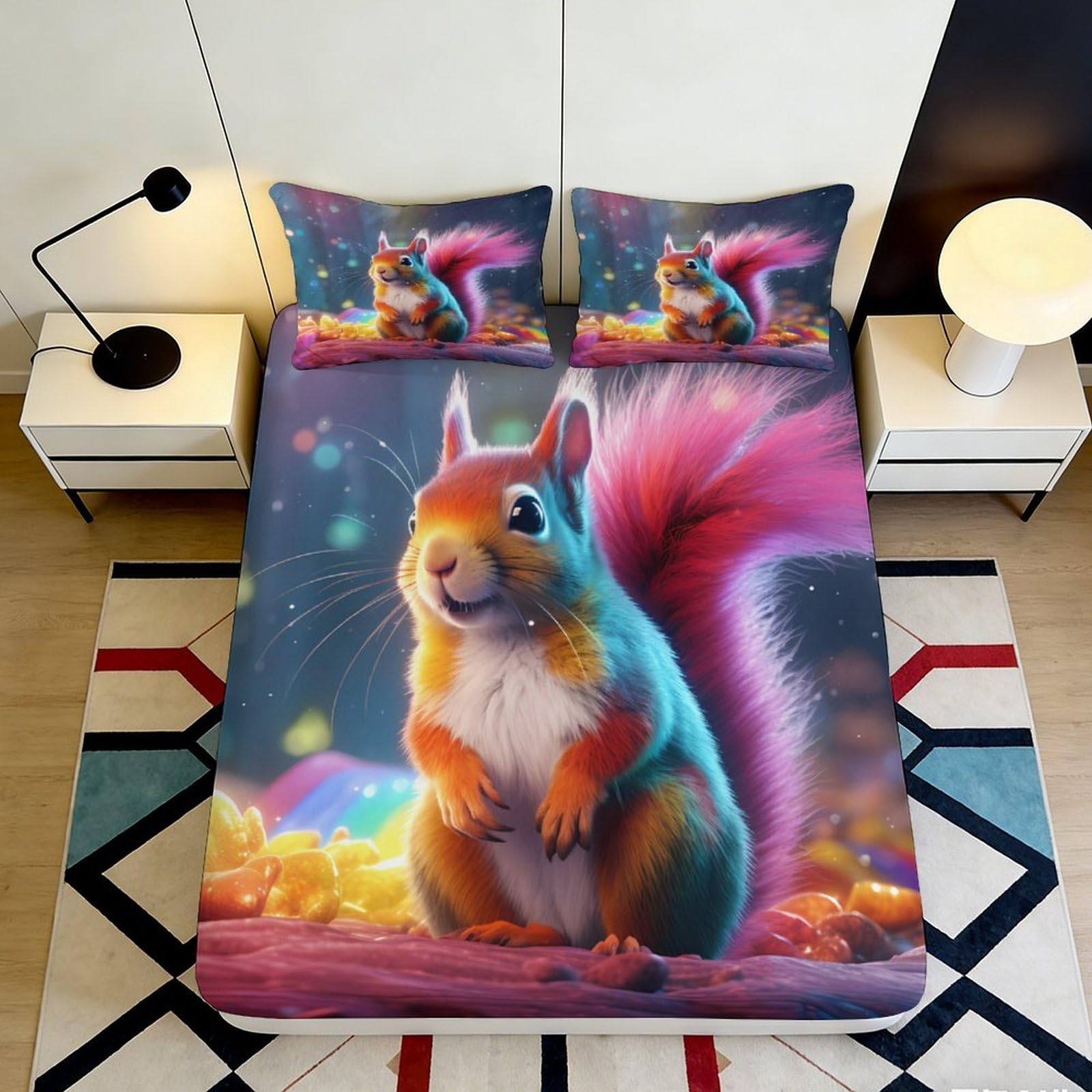 Uynsixtme Style-7 3D Printed Squirrel Design Fitted Sheet Microfiber Non-Slip Deep Pocket Squirrel Mattress Fitted Cover Bedroom Bedding 140X200x25cm