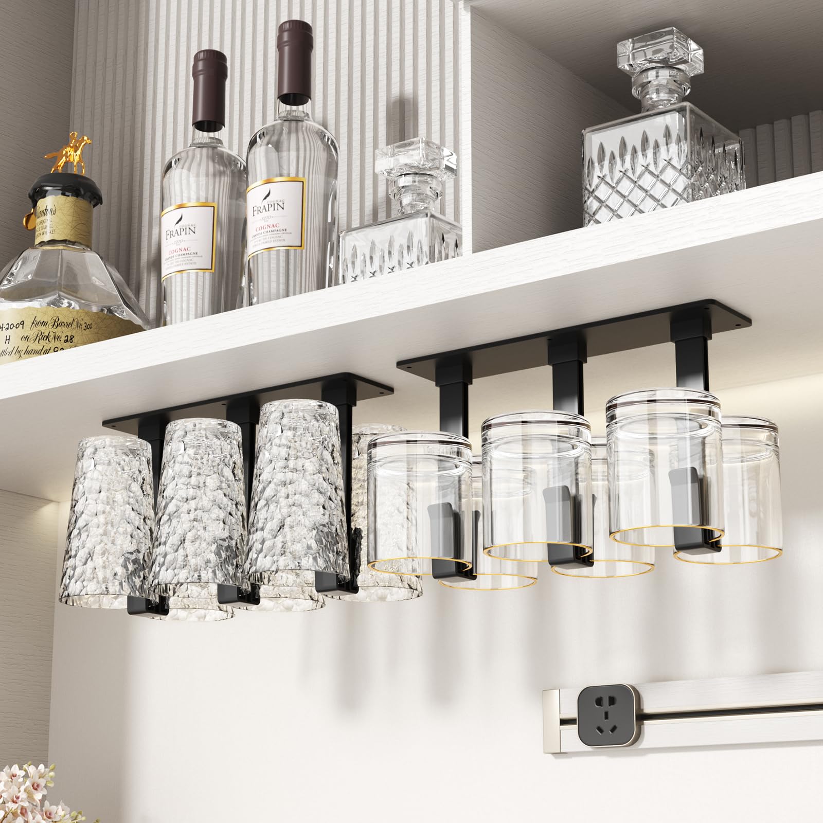 Vaisoeny Wine Glass Holder, 2 Pack Cup hoder, No Drilling Installation Wine Glass Holder Under Cabinet for Dining Room, Kitchen and Bar (Black)