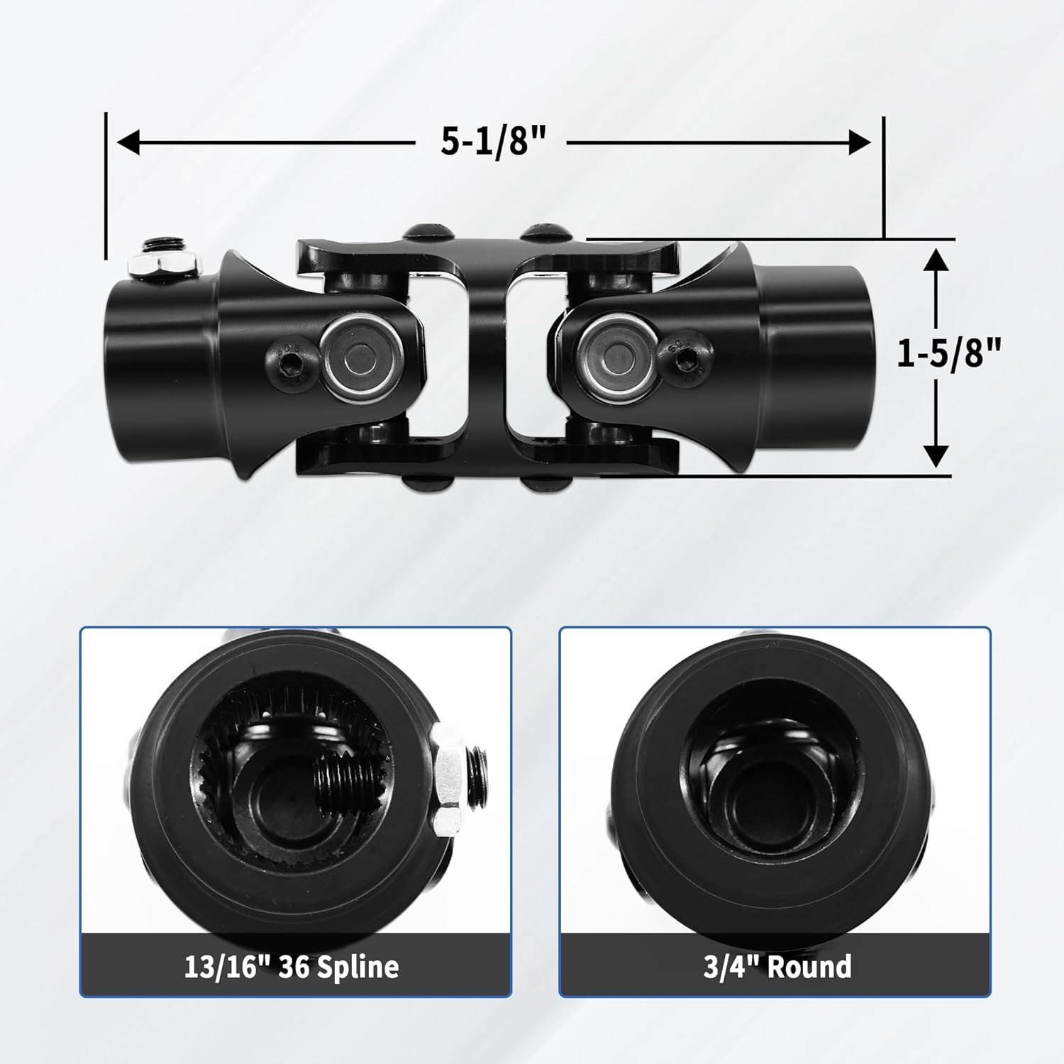 13/16" 36 Spline X 3/4" Round Double Steering Shaft U Joint Black Universal Joint Coupling (5-1/8" Overall Length)