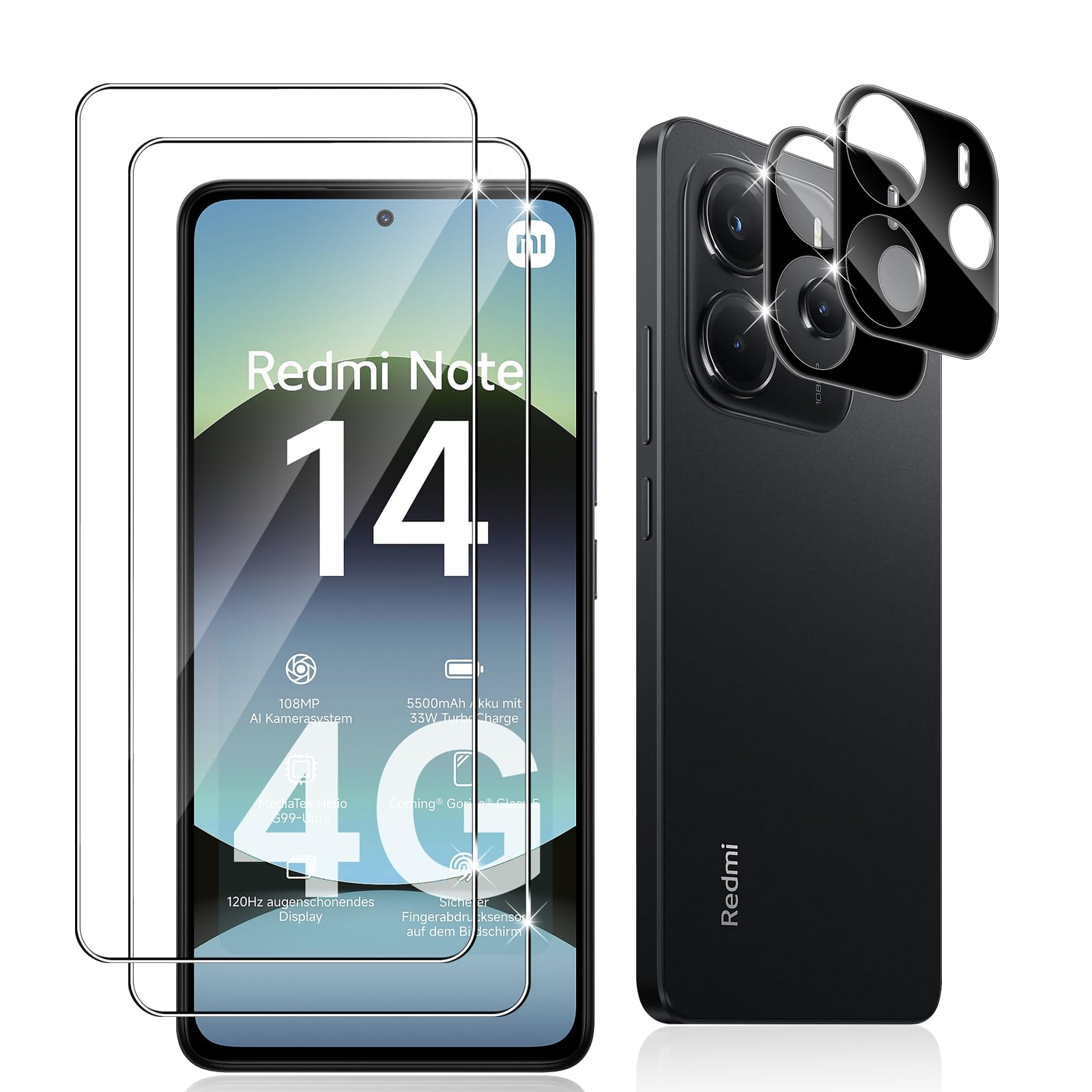 Datree 2 Stück für Panzerglas für Xiaomi Redmi Note 14 4G und 2 Stück Kameraschutz (Schwarz), 9H Härte Hartglas, Anti-Kratz Folie, Bläschenfrei Schutzfolie, HD Displayschutz Folie
