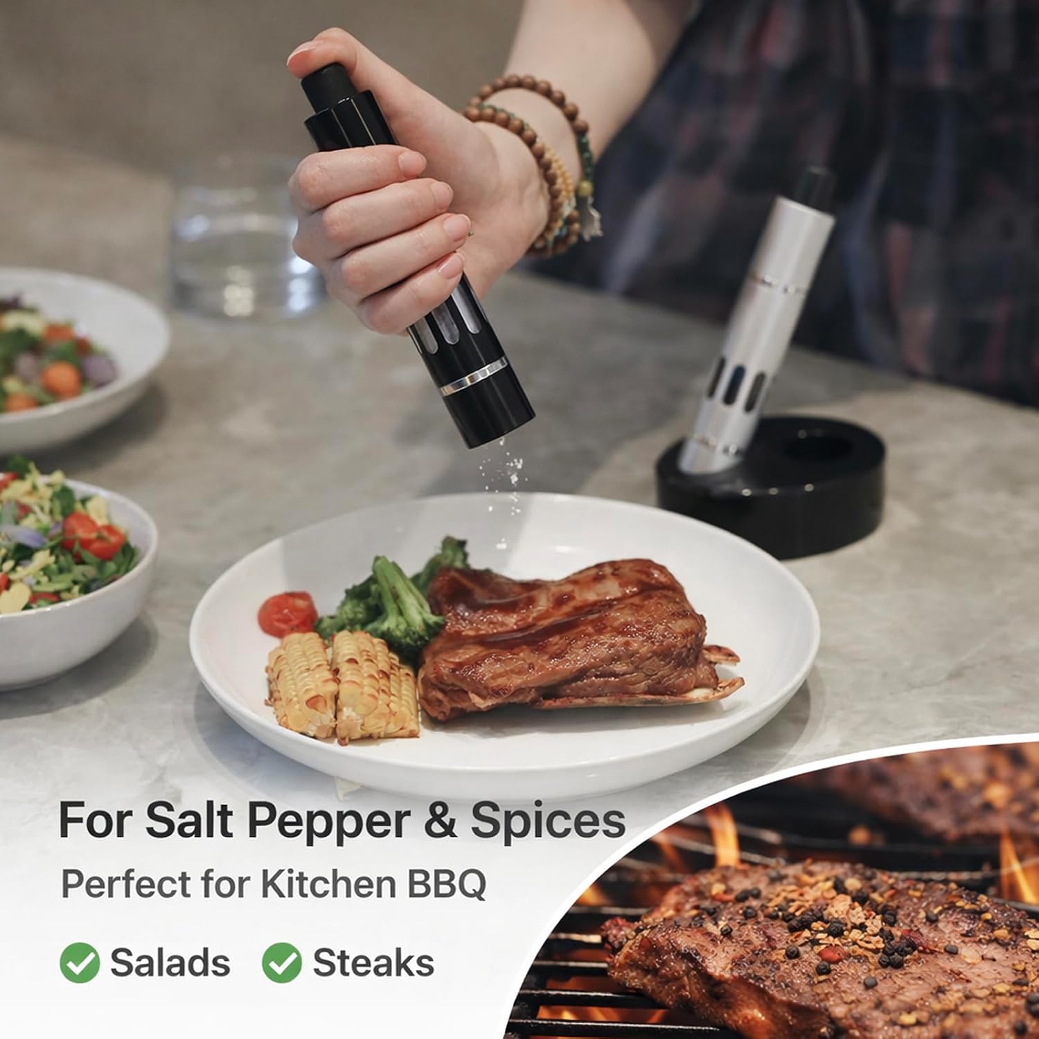Manual Salt and Pepper Grinder Set, One Hand Push Operation, Aluminum Body with Visible Window, Stainless Steel Core, 2 Pack with Storage Base, for Kitchen Cooking BBQ