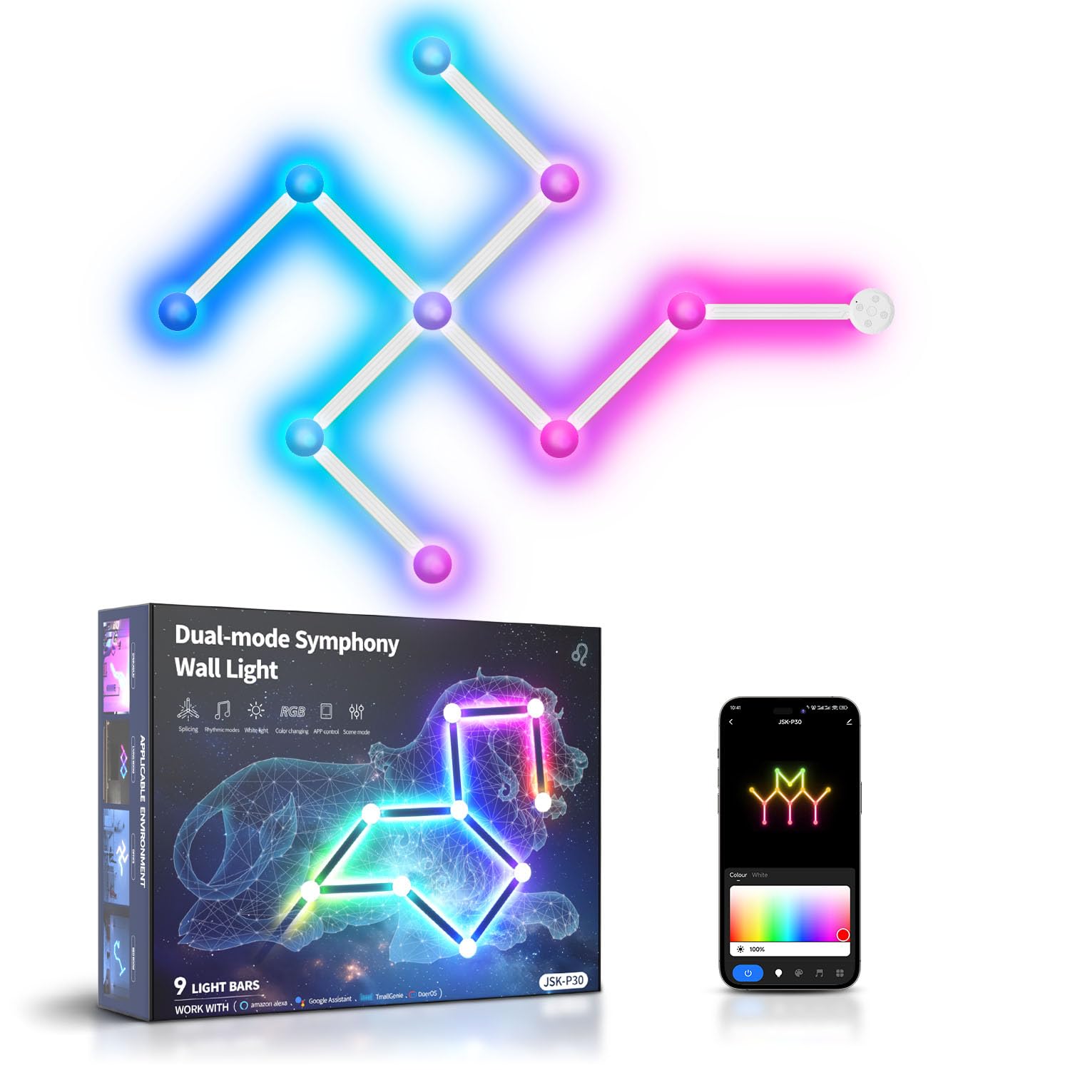 Smart WiFi RGB LED Wall Lights,Multi-Coloured,Music sync,Over 40 Dynamic Scenes,LED Light Bar Work with Alexa and Google Assistant,Home Decor Strip Lights for Bedroom Gaming room TV room (9 Lines)