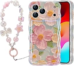 EYZUTAK Case for iPhone 17 Pro Max, Colorful Oil Painting Flower Case with Bracelet Chain Curly Wave Edge Exquisite Phone Cover Stylish Durable TPU Protective Cover Phone Charm for Women-Green Pink