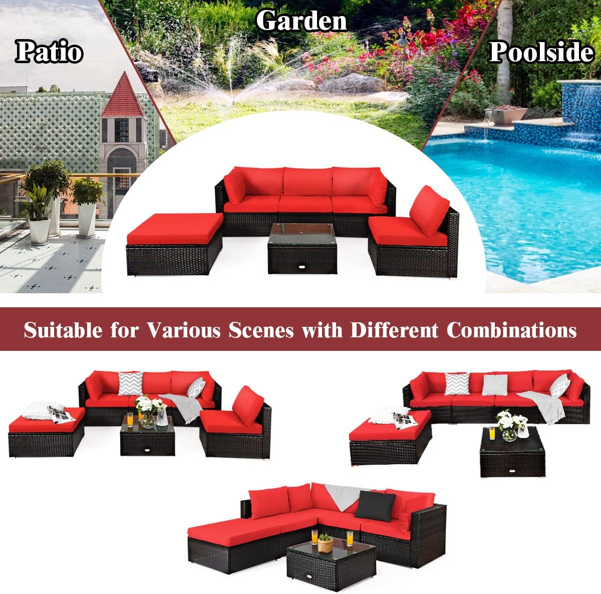 Various configurations of the 6-piece patio furniture set in different outdoor settings