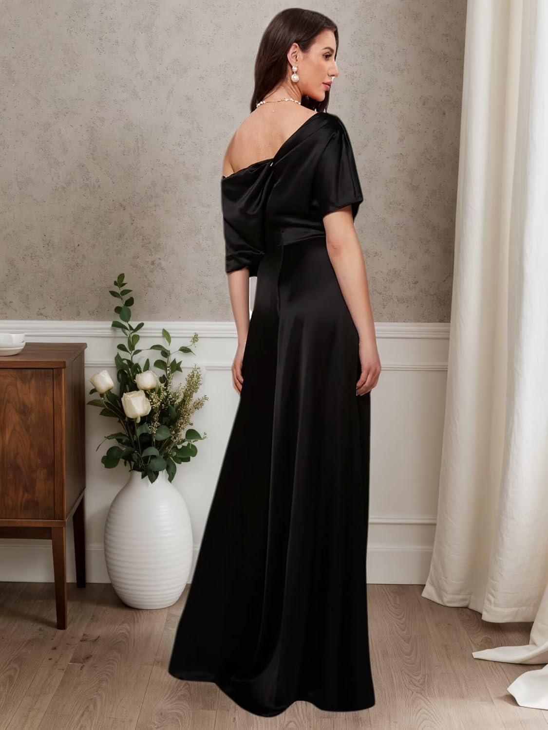 One Shoulder Mother of The Bride Jumpsuit Long for Women 2026 Satin Formal Wide Leg Half Sleeve Romper - Image 4