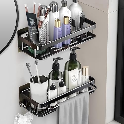 LYGJMYOK Organizador de ducha de baño negro, estante de ducha adhesivo para interior con toallero, soporte para champú de ducha, soporte de pared,