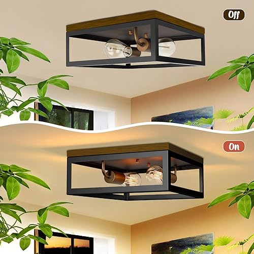 Miniatura 2 de Moderna lámpara de techo de montaje empotrado con 2luces, de 13pulgadas, madera oscura de estilo industrial, con marco negro mate y vintage, luz de