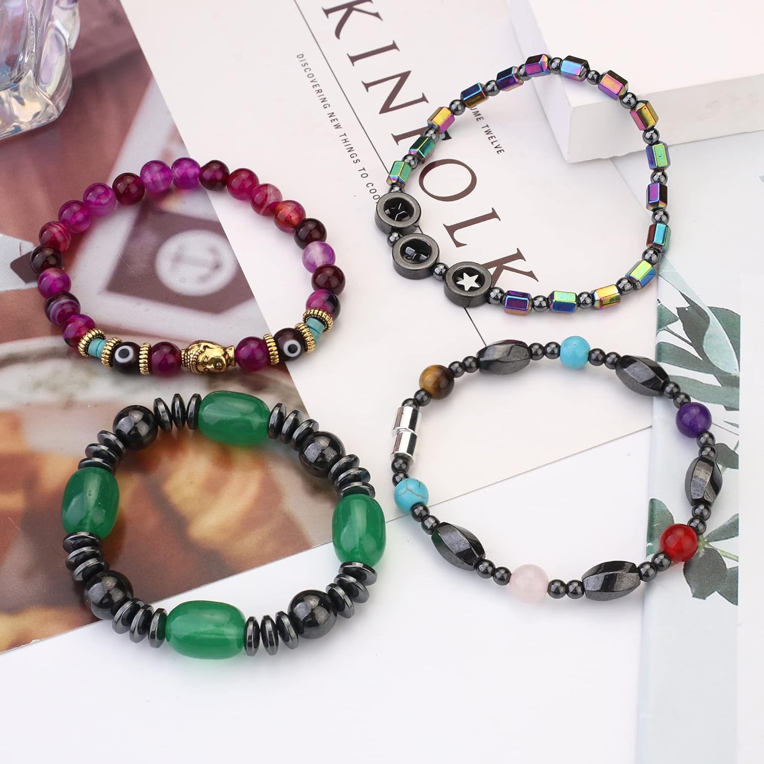Florideco 12Pcs Hematite Magnetic Bracelets for Men Women Tiger Eye Rainbow Magnet Stone Bracelets Reiki Bracelet Relieve Anxiety Bracelet: Clothing, Shoes & Jewelry