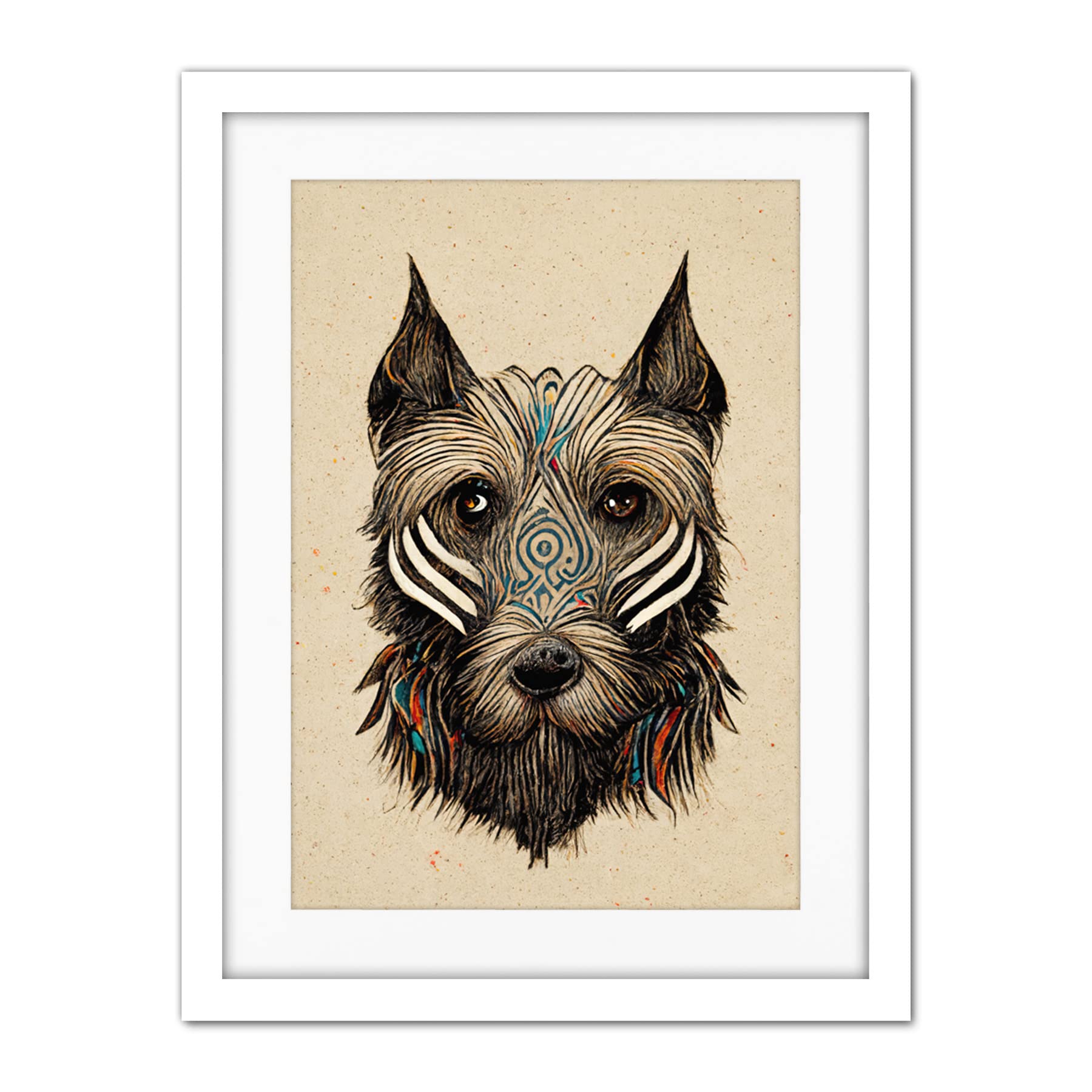 Doppelganger33 LTD Boho Terrier Dog with Tribal Patterns Striped Face Artwork Framed Wall Art Print 18X24 Inch