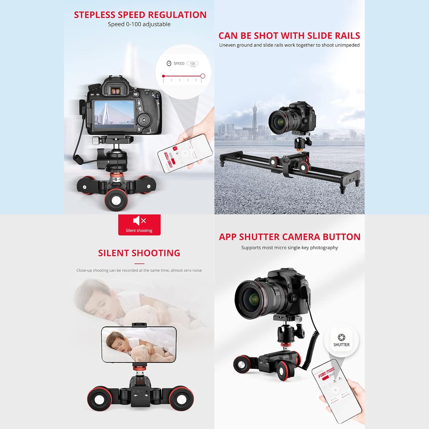 Andoer L5i Auto Dolly demonstrating speed regulation, silent shooting, and APP shutter control