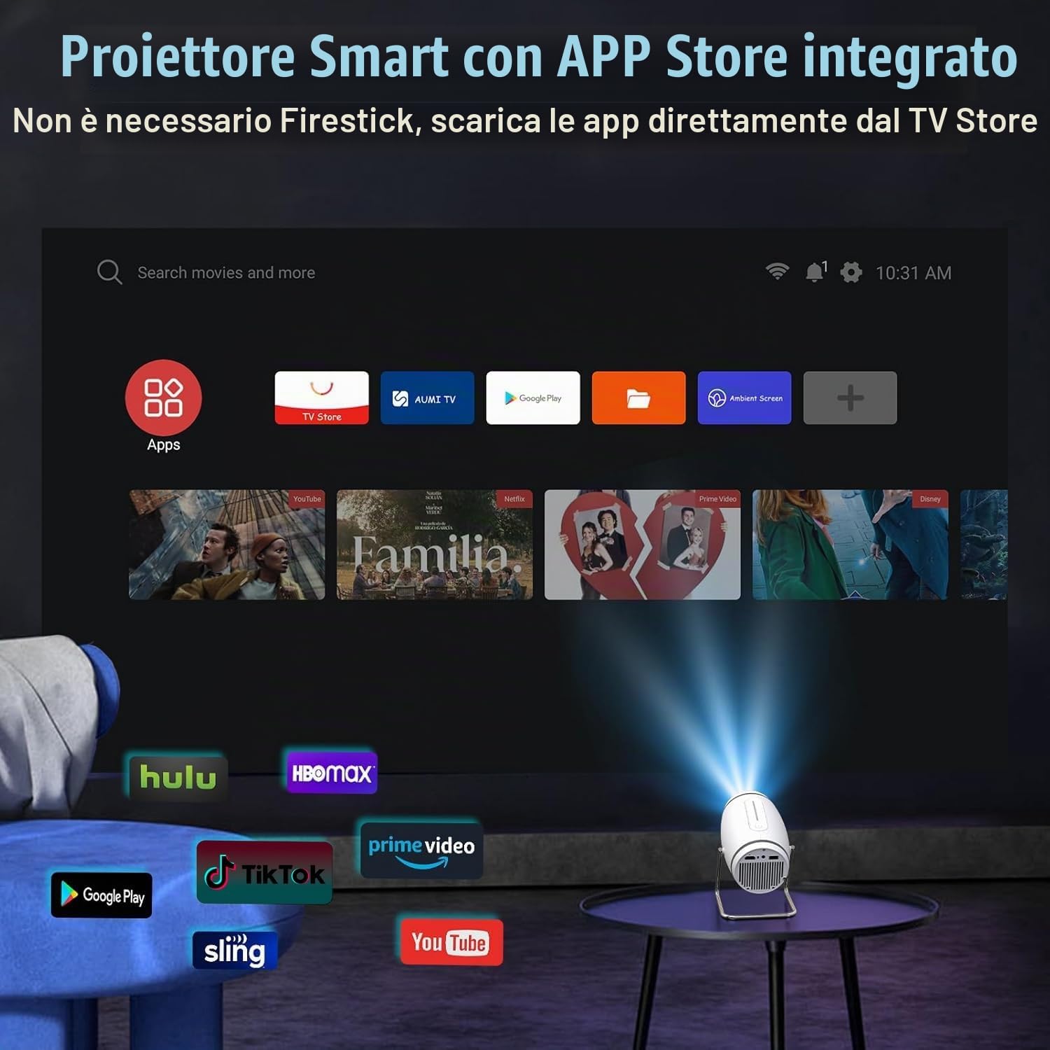 Proiettore 4K Mini proiettore portatile WiFi 6 BT 5.4, proiettore video con auto Keystone, 130 pollici, 180° rotazione compatibile con HDMI/TV Stick/USB/PS5 [App integrata]
