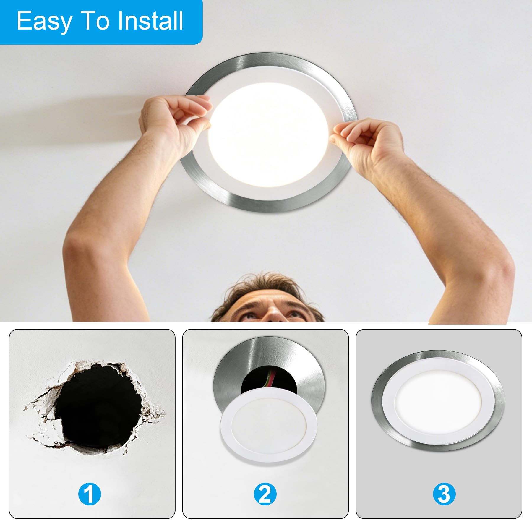 1-Pack Ceiling Medallion for 5" & 6" Recessed Can Lights – Stainless Steel Cover to Hide Oversized Holes, Works with Chandeliers & Flush Mounts, Brushed Nickel — Amazon image 5