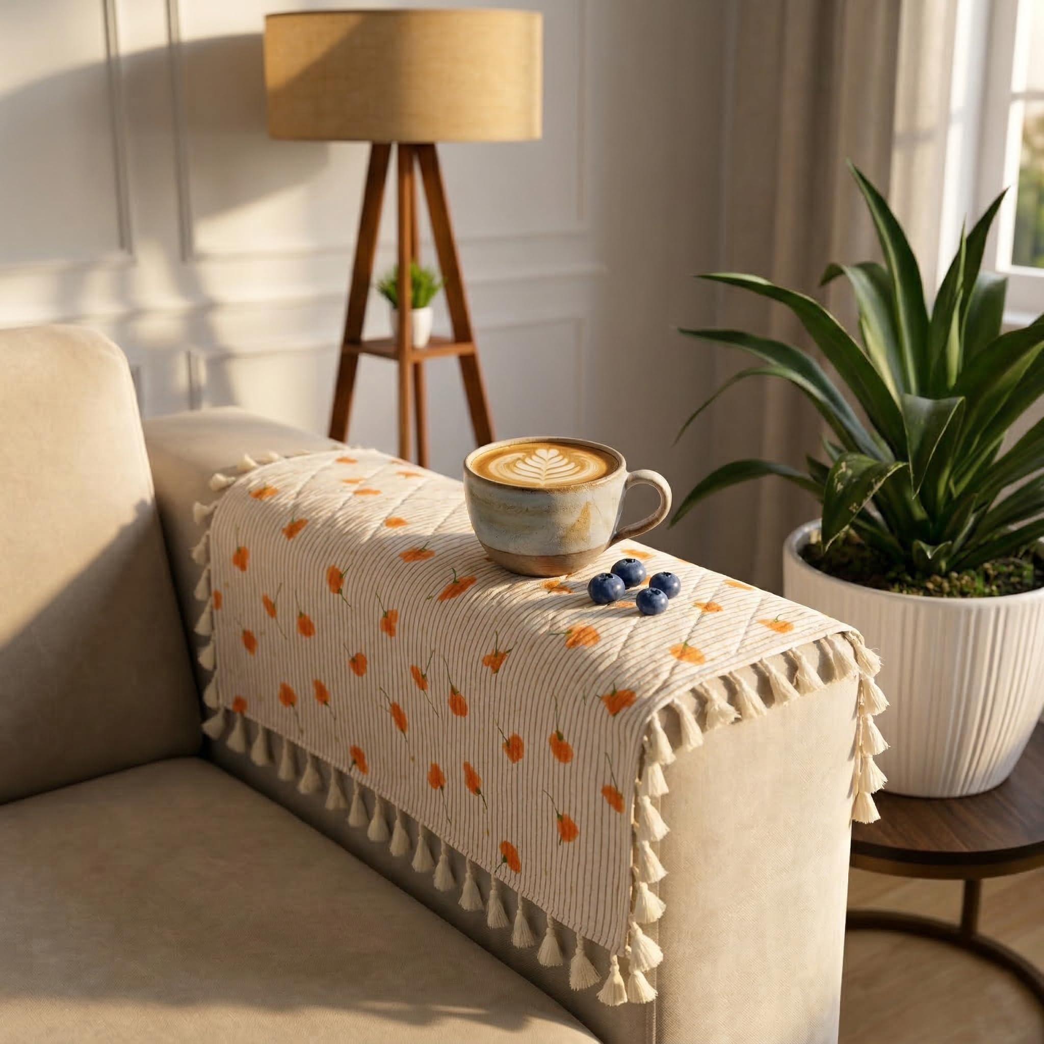 STITCHNEST Printed Quilted Sofa Arm Cover with Tassels | Stylish Hand Rest Protector | Soft & Durable | 18 x 22 Inches