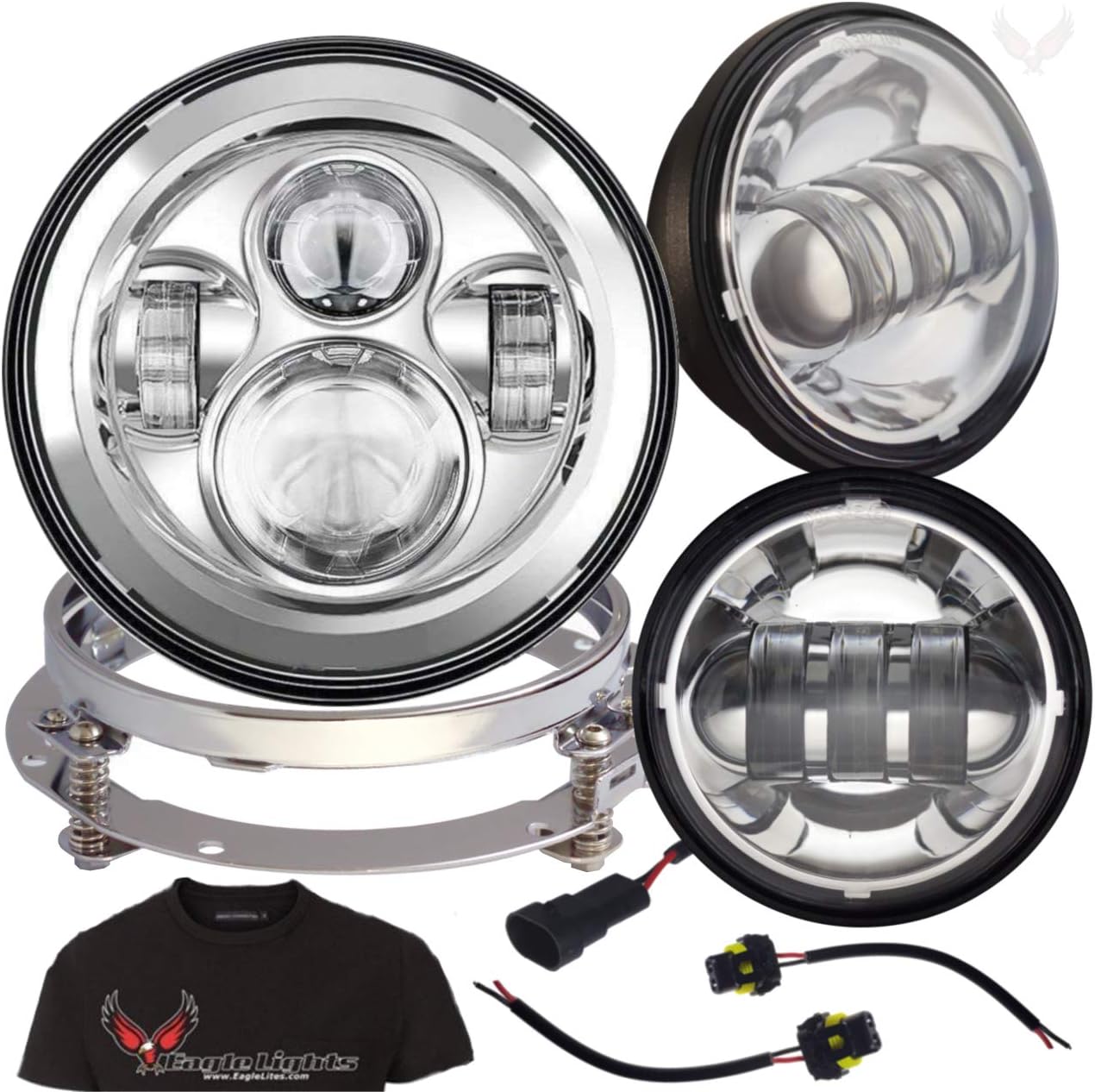 Eagle Lights 8700CPKR 7″ LED Headlight with LED Spot/Passing Light Kit for Harley Davidson and Indian Motorcycles – Generation I/Chrome Kit/Add Adapter Ring