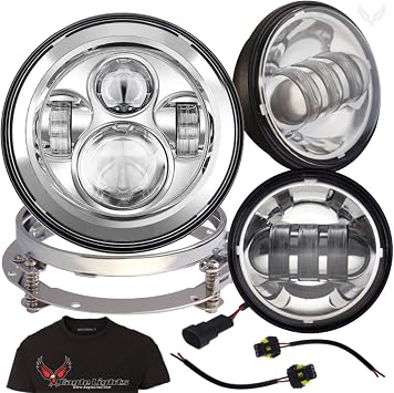 Eagle Lights 8700CPKR 7" LED Headlight with LED Spot/Passing Light Kit for Harley Davidson and Indian Motorcycles - Generation I/Chrome Kit/Add Adapter Ring