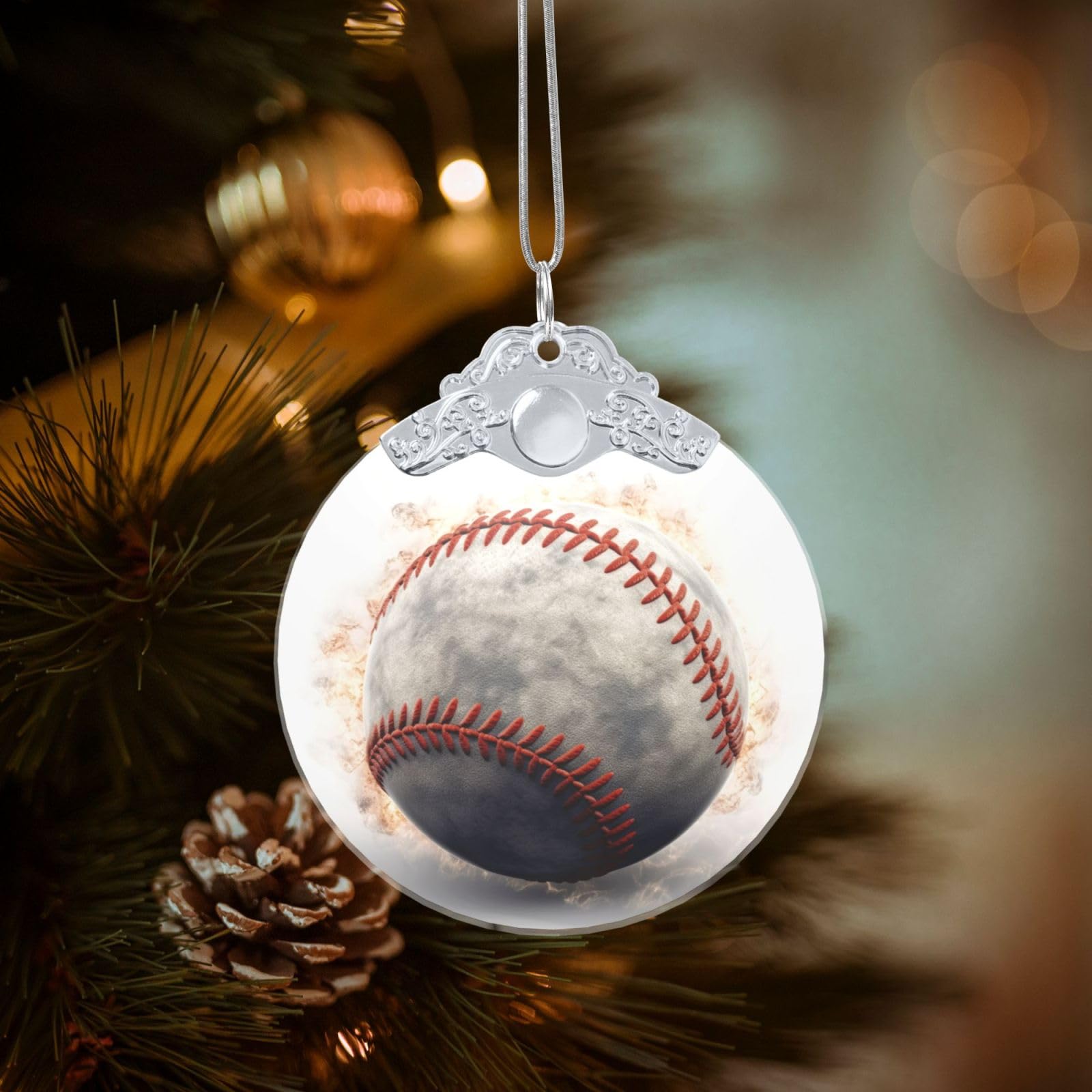 Crystal Christmas Ornaments for Christmas Tree Decoration Hanging Baseball Ornament with Gold Ribbon Crafts Round Pendant for Keepsake Gifts Glass Xmas Decor Party Supplies