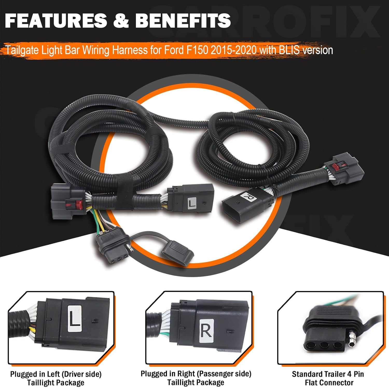 4-Way Flat Tailgate Light Bar Wiring Harness for F150 2015-2020 with BLIS Version (Blind Spot Information System) Easy Connect Trailer Tail Light Harness