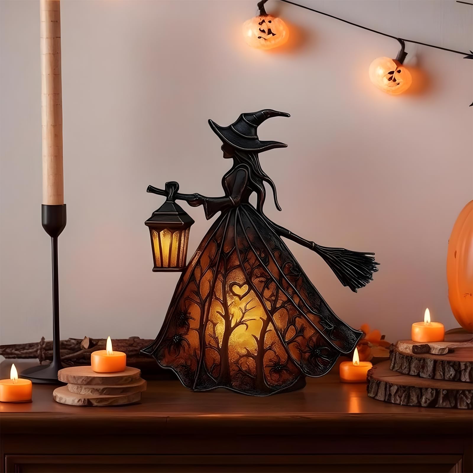 Lámpara de bruja de Halloween, decoración gótica de bruja espeluznante con linterna de sujeción, figura de decoración de lámpara de mesa, luz nocturna de bruja de pie para el hogar, porche, mesa