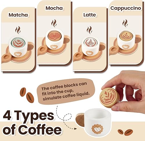 Vista 5 de BUYGER Cafetera de juguete para niños, juego de café de madera, juego de juegos de simulación, accesorios de cocina, regalos para niños de 3, 4 y 5