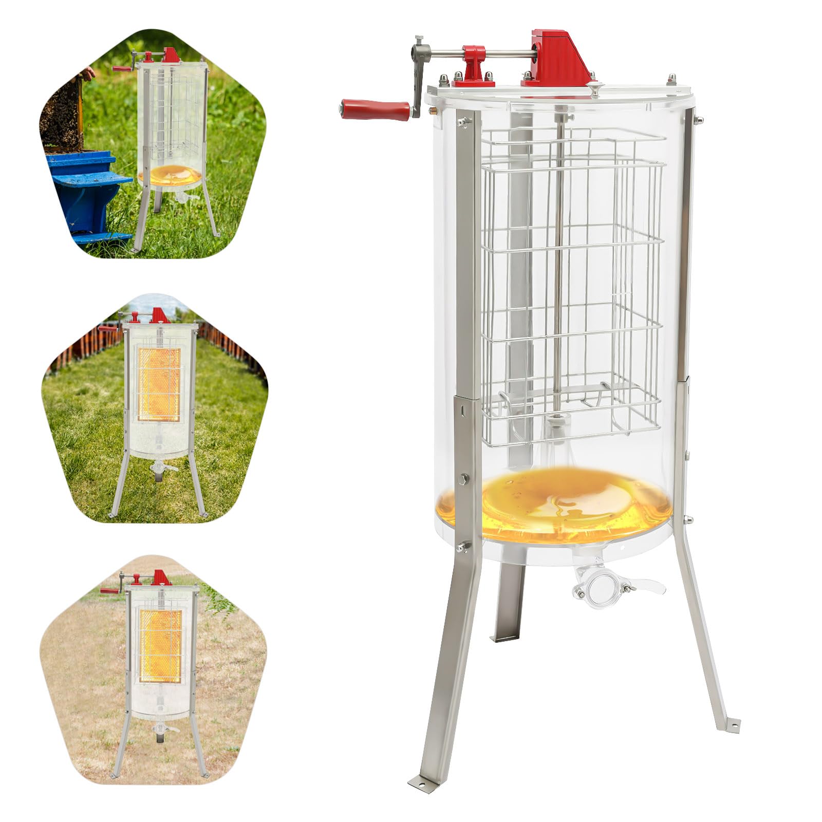 Extractor de miel manual de 2 marcos Centrífuga de miel de abejas Diseño saludable Acrílico transparente Ergonómico Fácil de limpiar Accesorio para apicultores