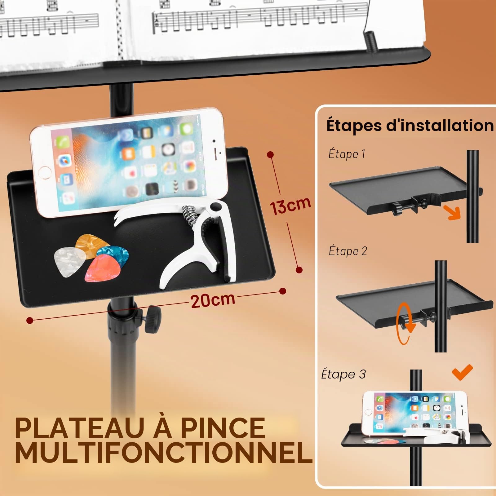 CAHAYA Pupitre à partitions à double usage avec plateau de serrage et support de livre de bureau, support de partitions, support de projecteur pour guitare, ukulélé, violon