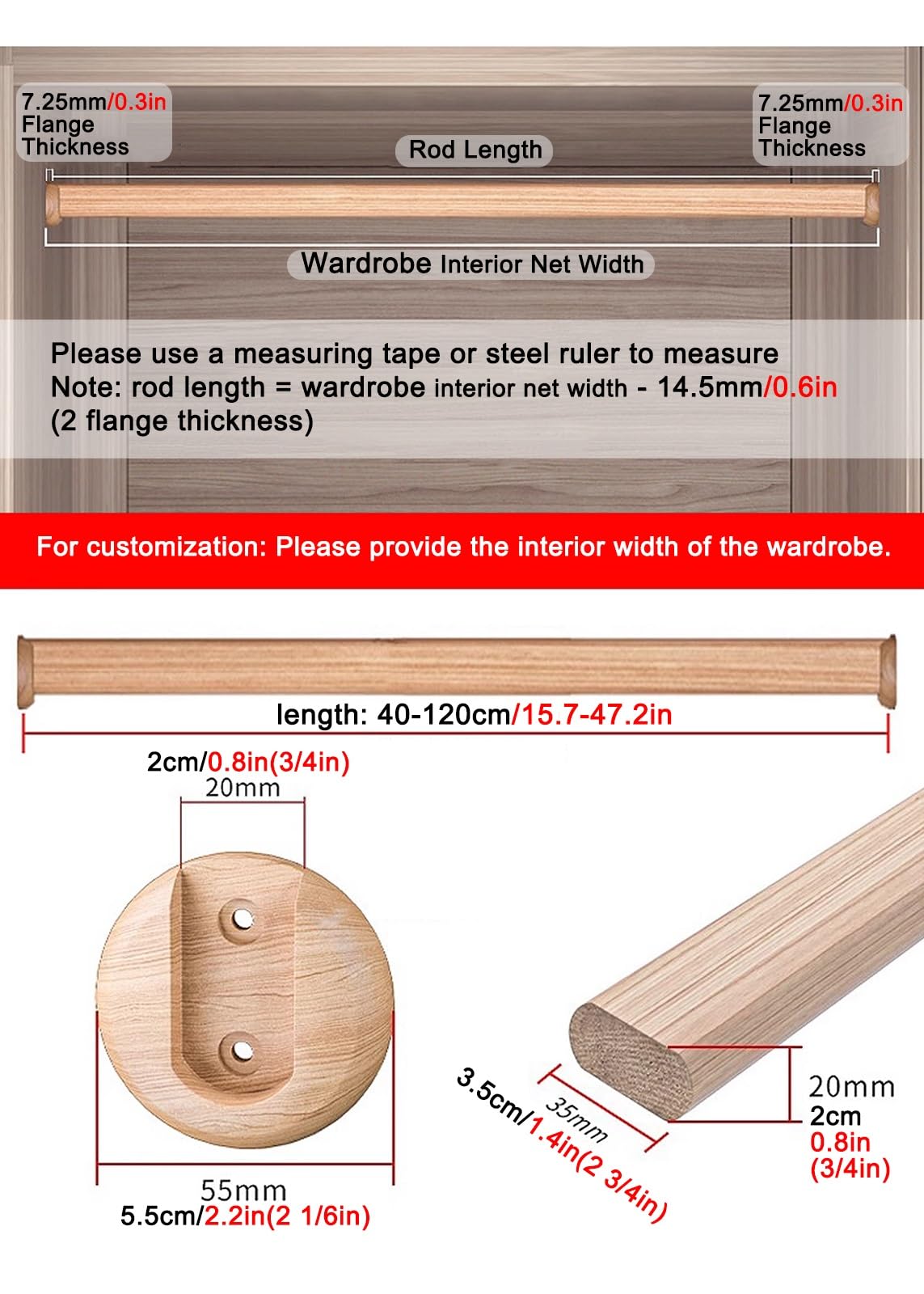 Schrankstange Schrankrohr Kleiderstange Kleiderstange aus Holz für den Kleiderschrank, wandmontierter Wäscheständer, 16/24/35/40/47 Zoll lange, kürzbare Kleiderstange(Carbonized wood,60cm/24in)