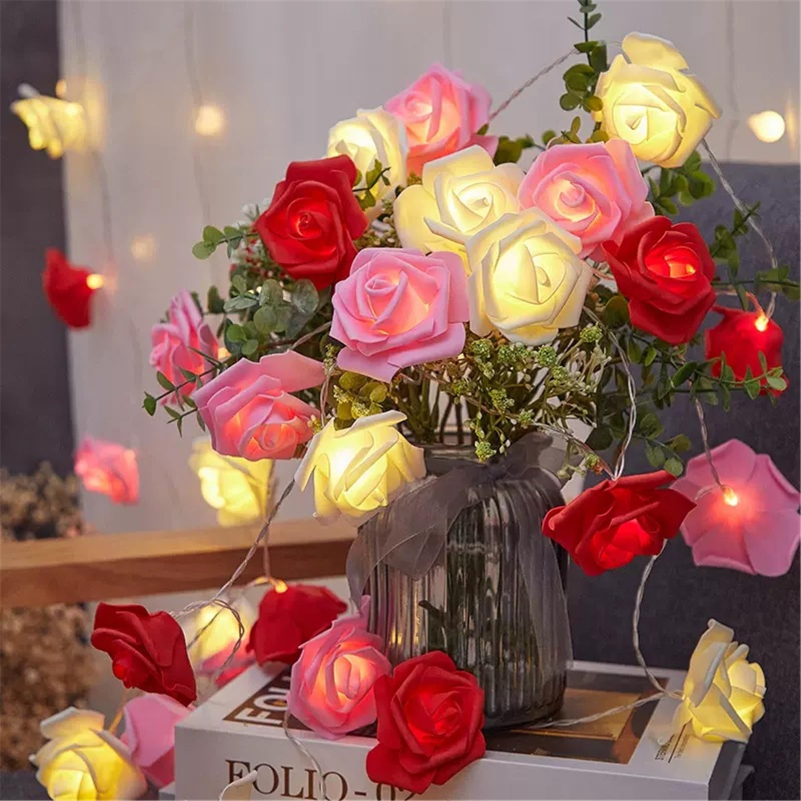 Mateju Solar String Lights Outdoor Garden, 8 Modes Solar Powered LED Fairy Lights with Remote for Indoor Bedroom, Patio, Yard, Party, Wedding, White Rose (Red Pink White,7M/50LED)