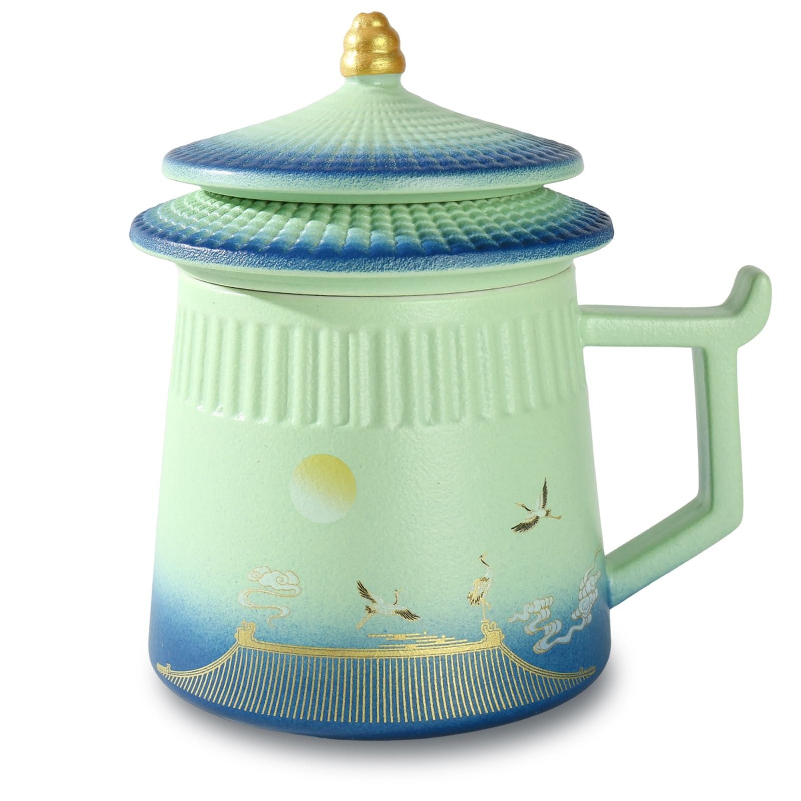 Loose Leaf Tea Cup with Infuser and Lid, 14.8oz Chinese Ceramic Mug with Fine Mesh Strainer, Office Steeping Cup for Tea Lovers Gifts