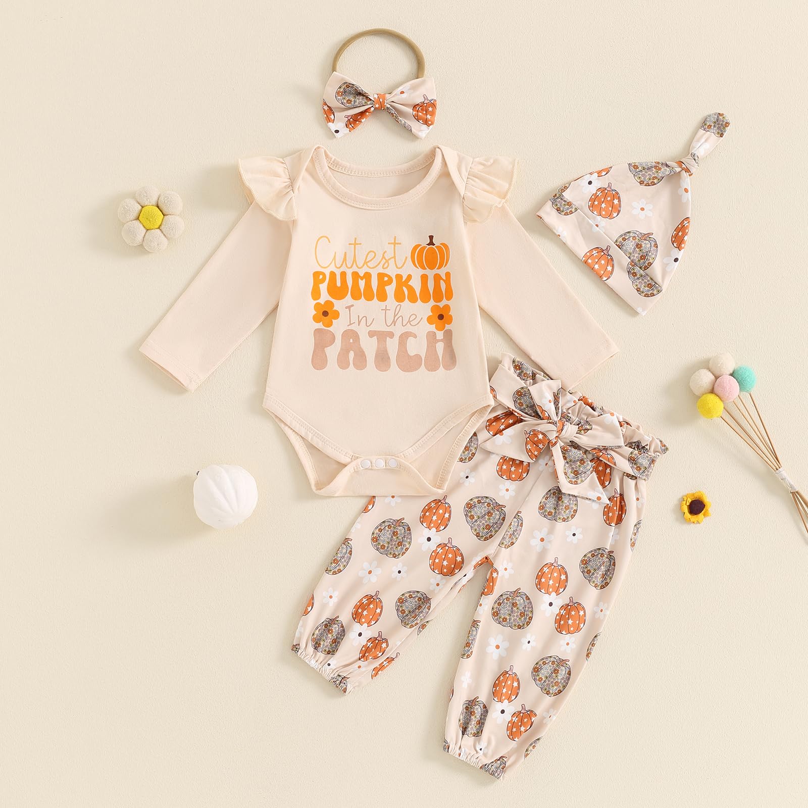 Karuedoo Newborn Baby Girl Halloween Outfit Letter Print Long Sleeve Romper Pumpkin Pants Headband Hat 4Pcs Clothes Set(Apricot, 0-3 Months)