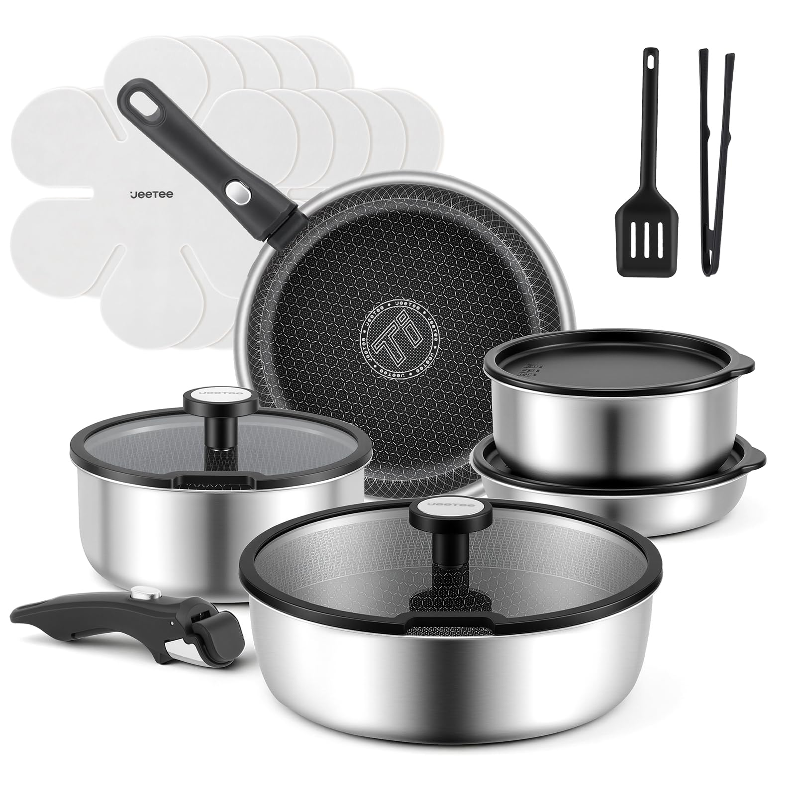 JEETEE Tri-Ply Edelstahl Topfset 18 Pcs, Kochtopf Set Antihaft mit abnehmbarem Griff, Hybrid Töpfe Set mit Gehärtetes Glasabdeckung, für Wohnmobile und induktion, Geschirrspüler und Ofensicherheit