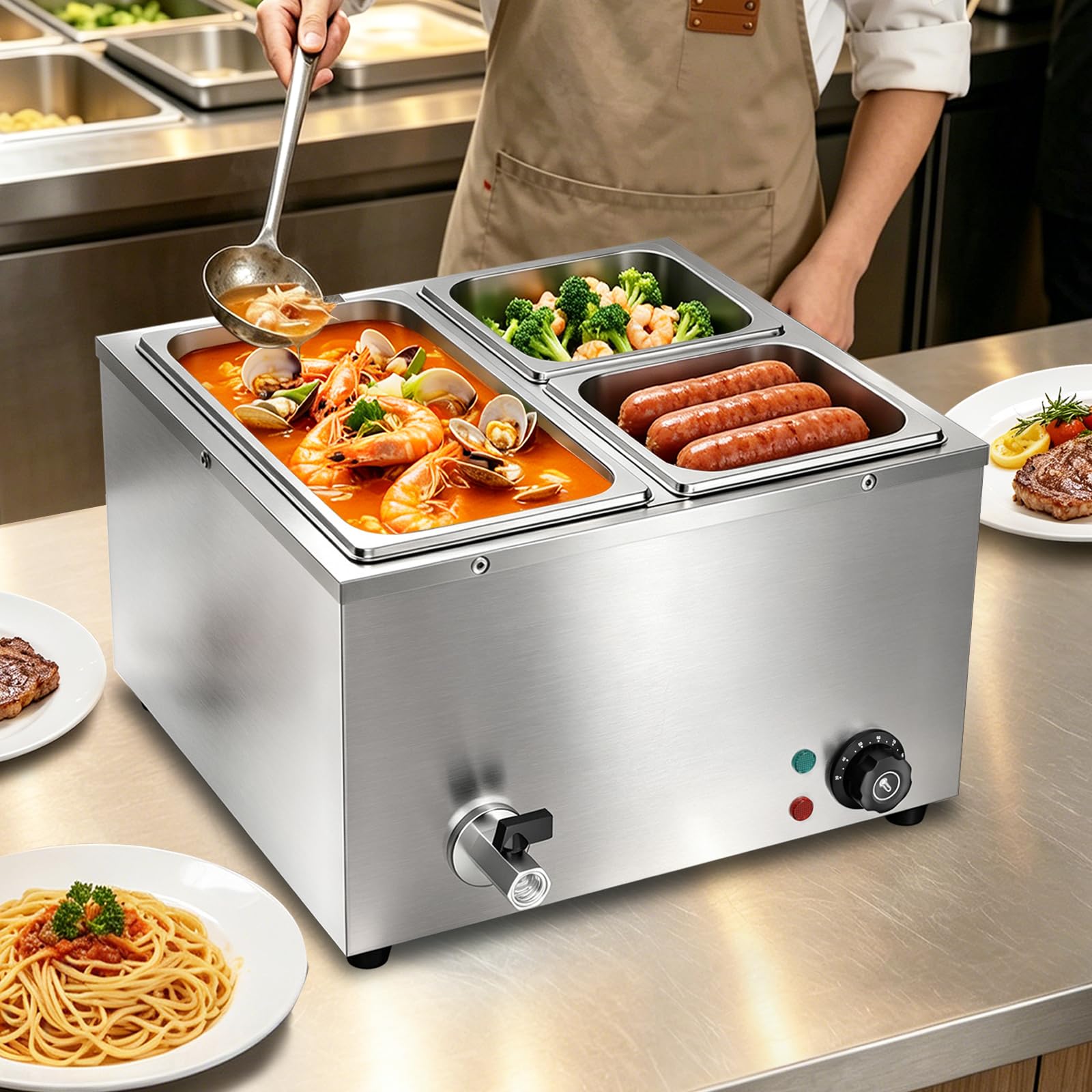 TAIMIKO Bain Marie Speisenwärmer 1500W Elektrisches Buffetwärmer 220V Schmelztopf Professioneller kommerzieller Tellerwärmer mit 1 x 1/3 und 2 x 1/6 Töpfen (3 Pots)