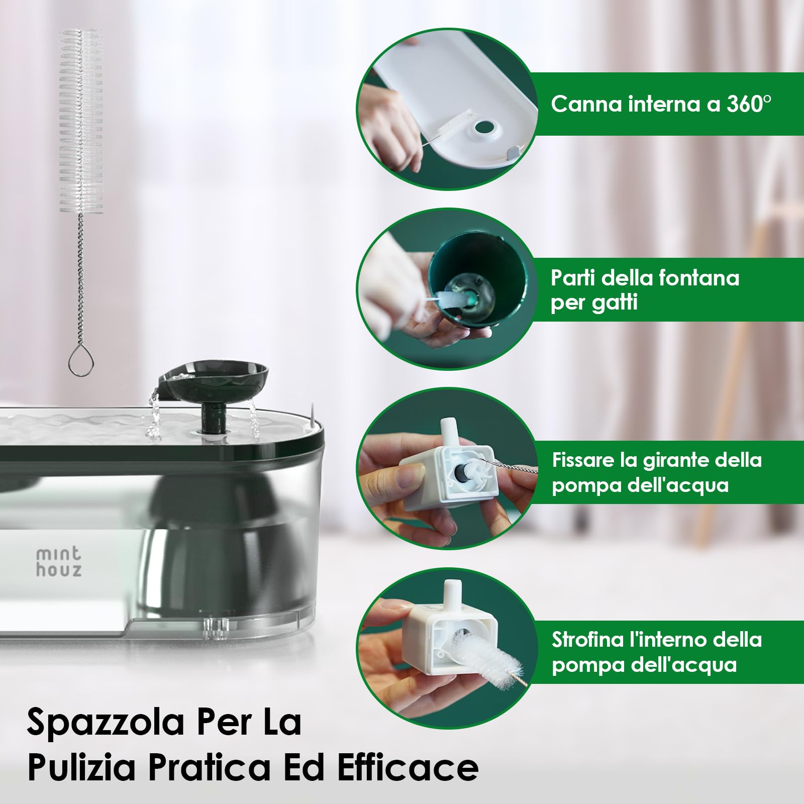 Filtri per fontanella per gatti Minthouz P017, 6 pezzi Filtro di ricambio con carbone attivo per fontana gatti(con spazzola per la pulizia)