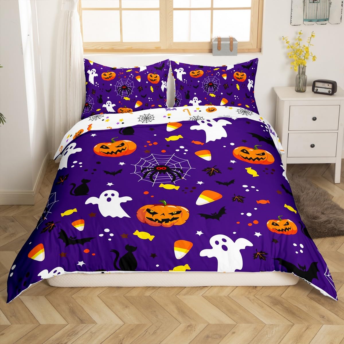 Podwójna poszewka na kołdrę na Halloween, zestaw pościeli z dynią dla dzieci dziewcząt chłopców nastolatków dorosłych, duch gotycki upiorny pokrowiec na kołdrę pająk nietoperz cukierki narzuta na