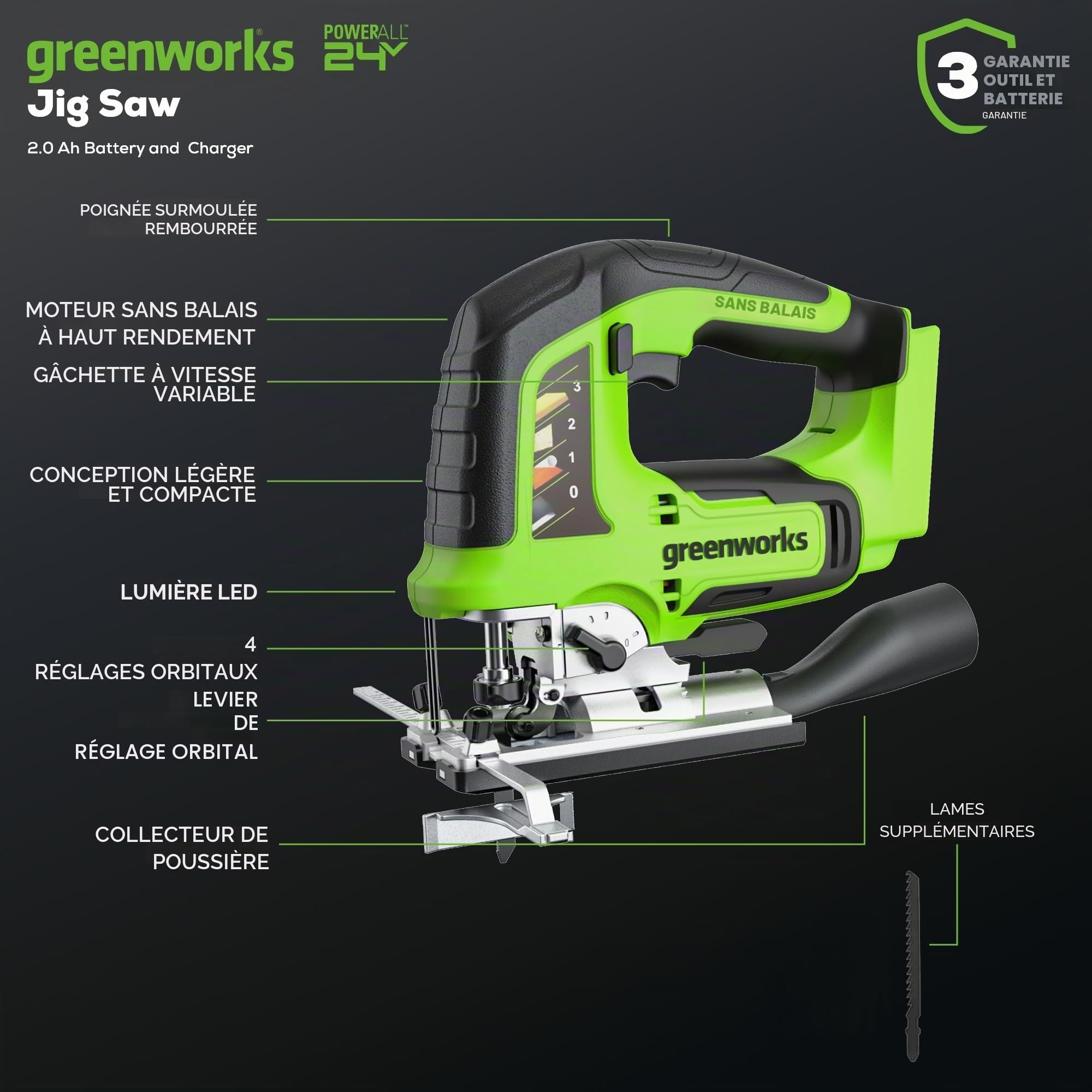 Greenworks Scie sauteuse sans fil 24 V et meuleuse à poing sans fil, hauteur de levage 26 mm, brushless, avec batterie 2 Ah et chargeur