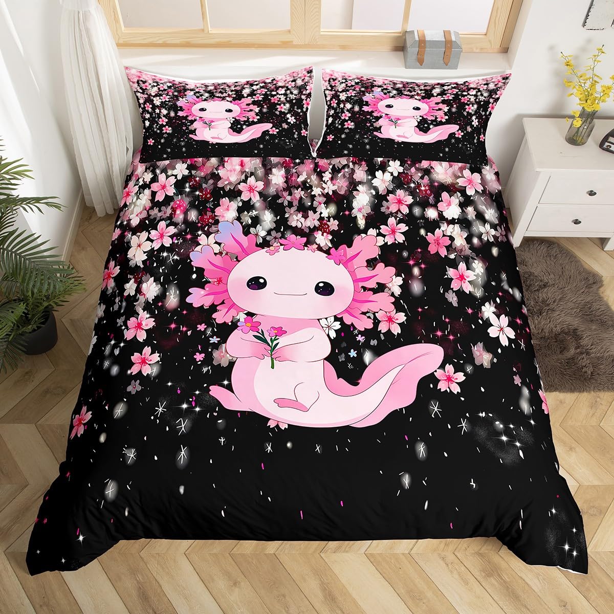 Homemissing Kawaii Axolotl Bettwäsche Set 135x200cm Rosa Kirschblüte Bettwäsche-Set für Jungen Mädchen Süß Zeichentrick Bettbezug Set 2Stück Zimmerdekoration