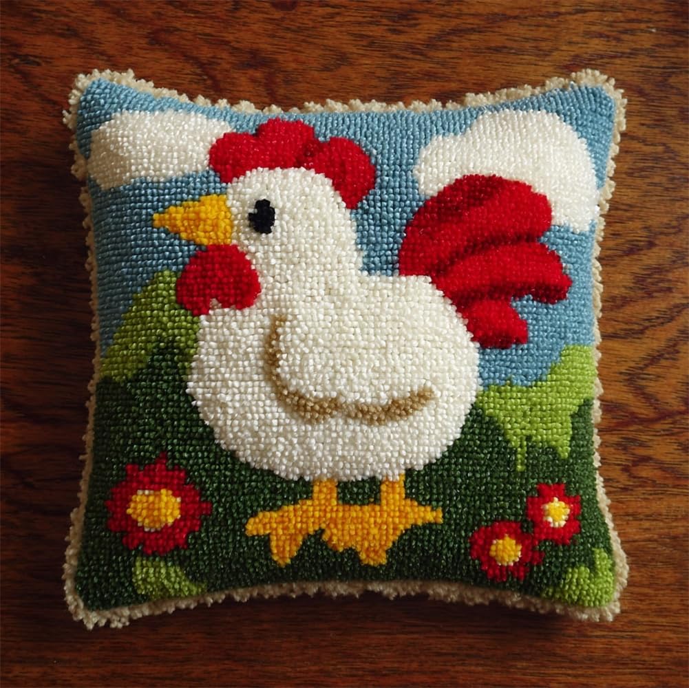 kitphoenix Latch Hook Kit Unfinished Cushion Cover with Printed Canvas Chicken Pillowcase Sewing Making Kits for Beginners Adults Embroidery Kits Home Decoration 17X17Inch