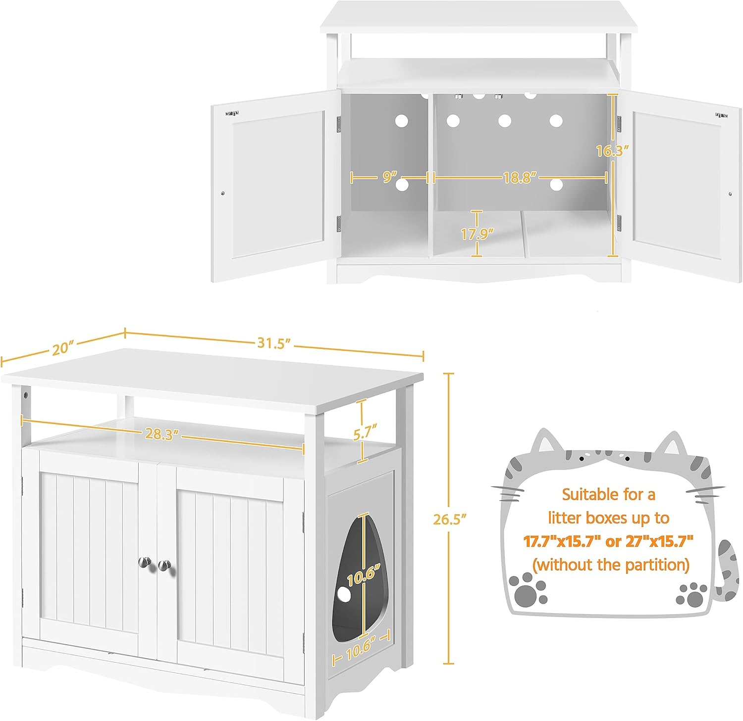 Diagram showing the overall dimensions of the enclosure and the maximum suitable size for a litter box without the partition.