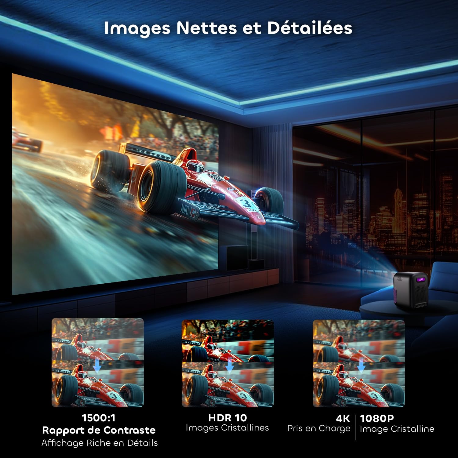 Projecteur avec WiFi, Bluetooth, Full HD 1080P, Support 4K, Audio Dolby Intelligent. Idéal pour cinéma Maison ou extérieur. HDMI Mini Portable NP One