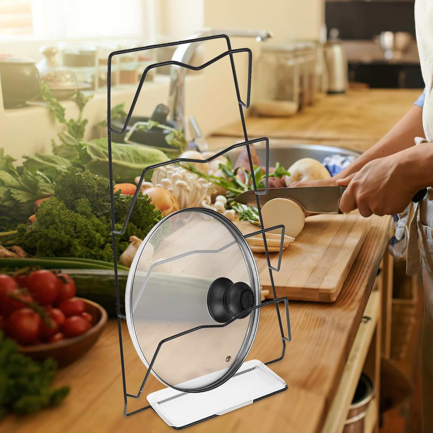 BETOOKY Wall-mounted Pot Lid Rack with Punch-free Installation, Sturdy Iron Kitchen Lid Organizer with Four-tier Storage and Drip Tray for Home Kitchen Cabinet Organization
