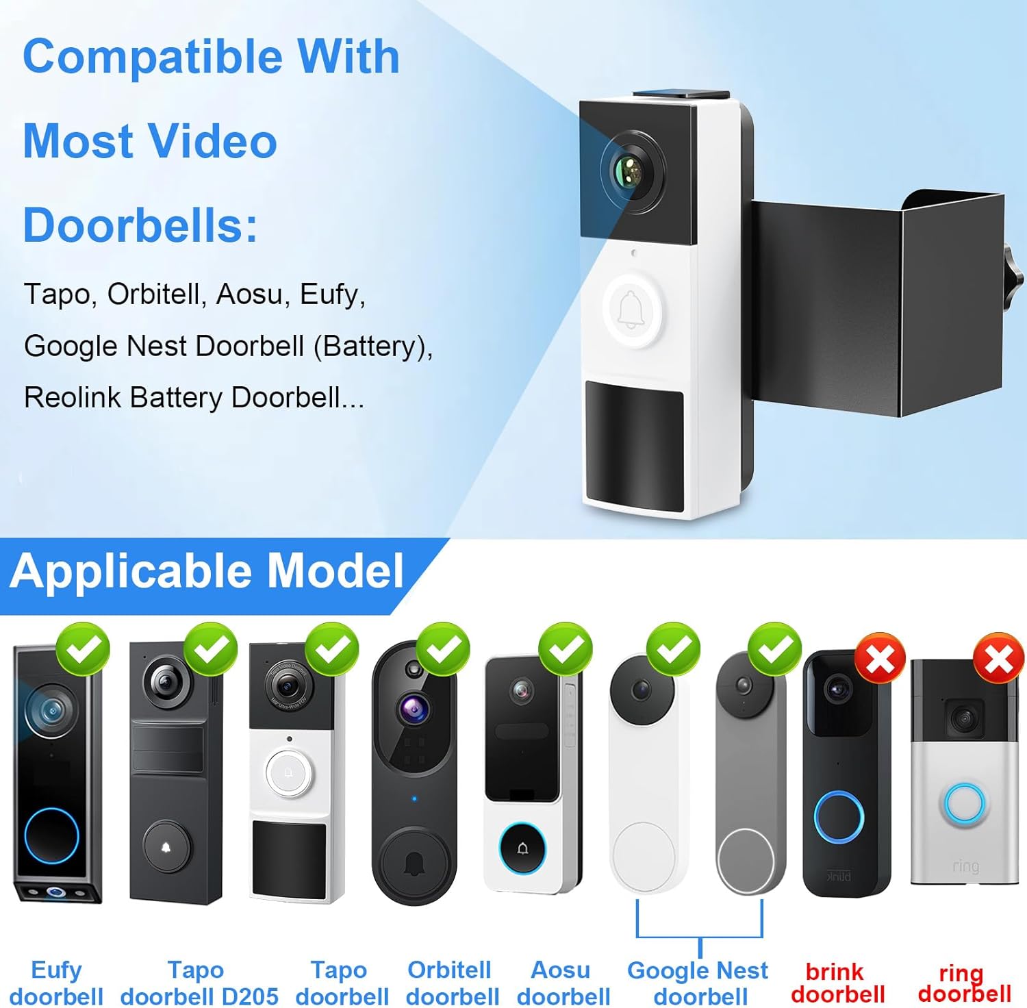 Anti-Theft Doorbell Mount No Drill Compatible with Tapo/Orbitell/Eufy/Aosu Video Doorbell, Universal Doorbell Camera Mount, Adjustable Mounting Bracket Holder Accessories for Apartment Rentals Mount - Image 2