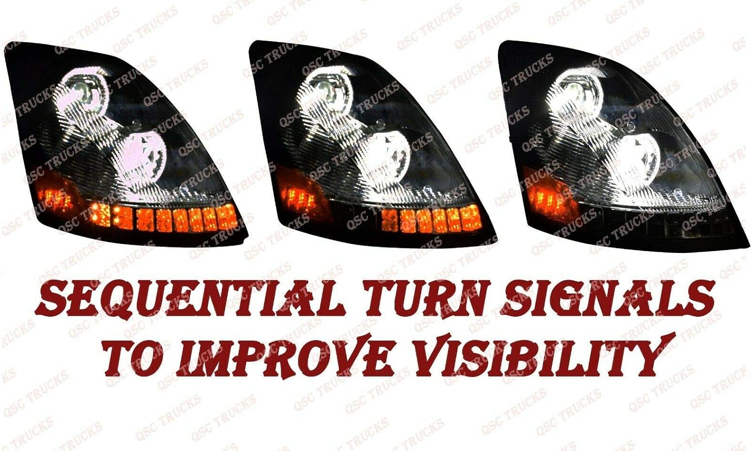 QSC Truck Parts Full LED Performance Black Headlights w/Sequential Turn Signals + LED Fog Light LH RH Set Compatible with Volvo VNL 04-17