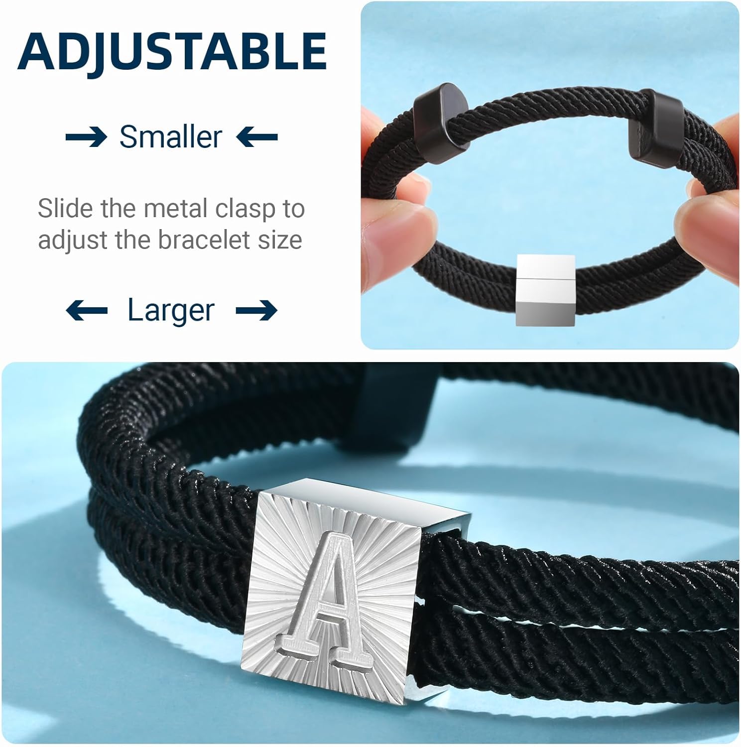 Initial Bracelet for Men Letter Handmade Natural Agate Stone Beaded Braided Black Leather Adjustable Cuff Meaningful Bracelets , Jewelry Gifts, Father's Day Gifts Matching Couple, 7.5-8.3 Inches - Image 4