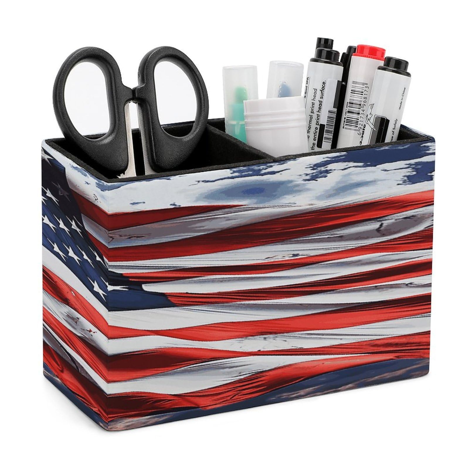 VstaDank US Flag Pencil Holder for Desk(Double Slots) Fashion Leather Pencil Cup Simple Rectangular Shape Pen Holder Multi-Functional Pen Cup for Home Office Supplies Storage