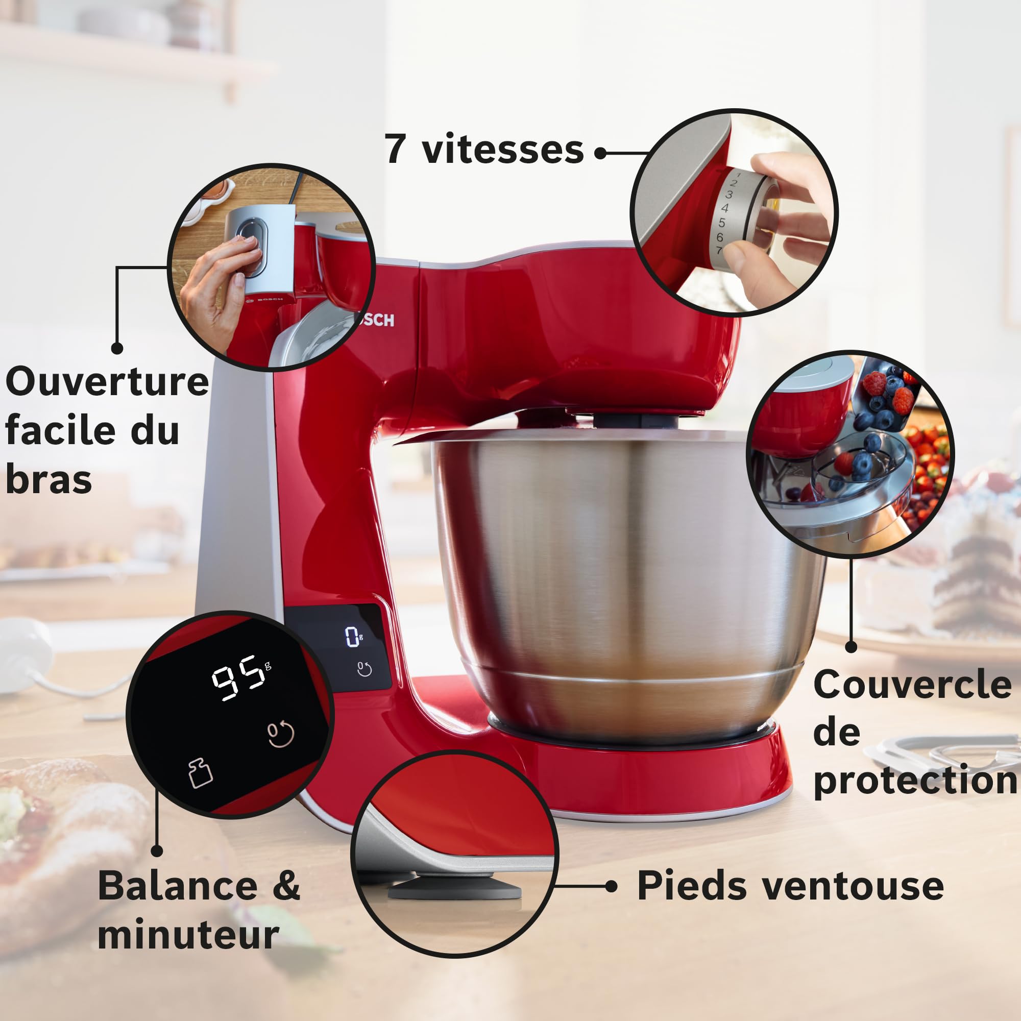 Bosch Küchenmaschine Serie 4, integrierte Waage, Edelstahl-Schüssel 3,9 L, Mixer 1,25 L, Kunststoff-Schüssel, spülmaschinenfest, 3x Rührelemente, Durchlaufschnitzler, 1000 W, Dunkelrot, MUM5X734