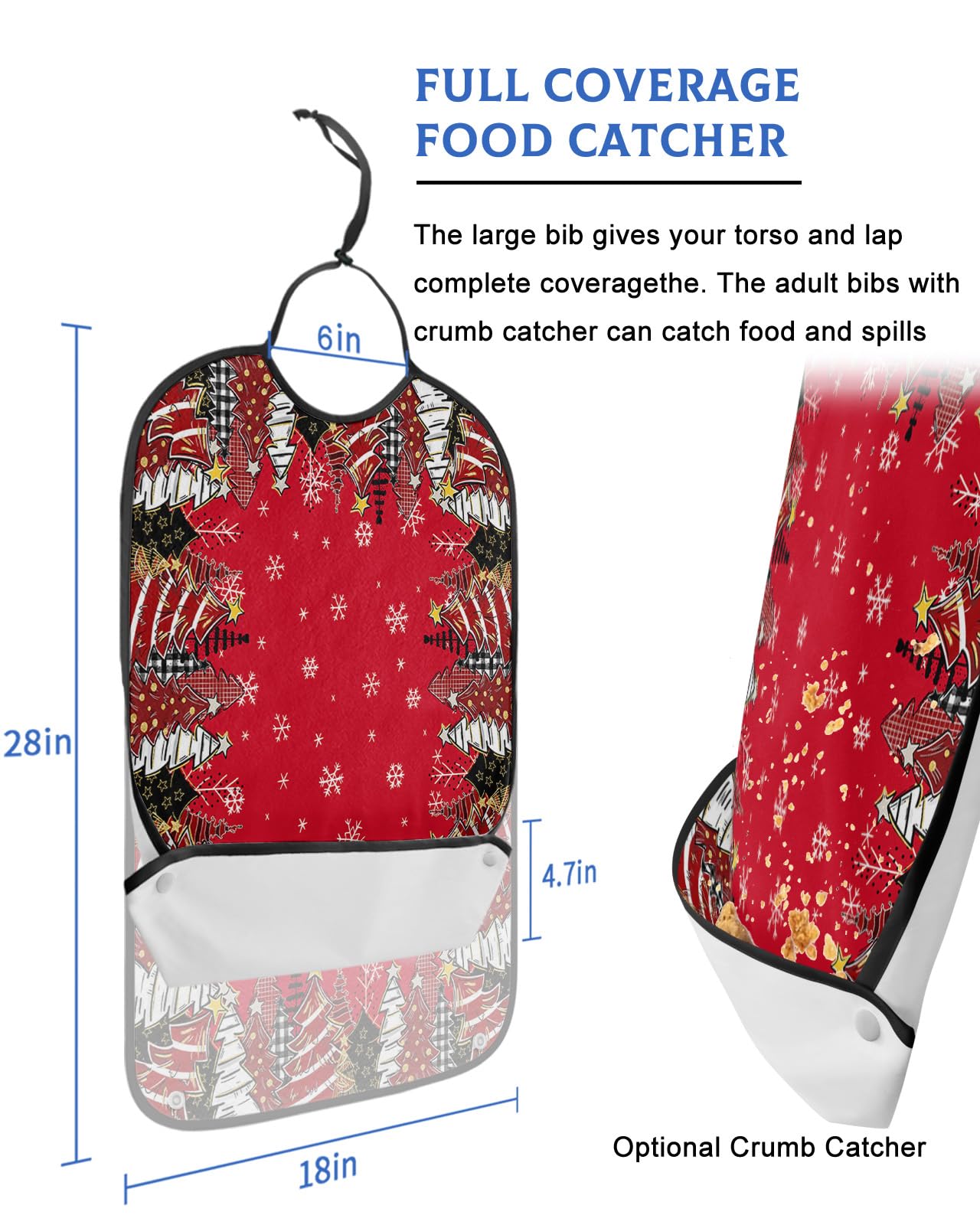 Adult Bibs for Elderly Women - Red Christmas Tree Waterproof Dining Clothing Protectors with Crumb Catcher for Eating/Feeding, Red Black Xmas Tree Winter Snowflake Terry Cloth Bib Machine Washable