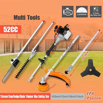 12-in-1 String Trimmer Weed Eater,52CC 2-Cycle Multi Garden Tools with Gas Pole Saw, Hedge Trimmer, Grass Trimmer and Brush Cutter EPA Compliant, Lawn Mower Weed Wacker Edger for Yard Lawn (Orange)